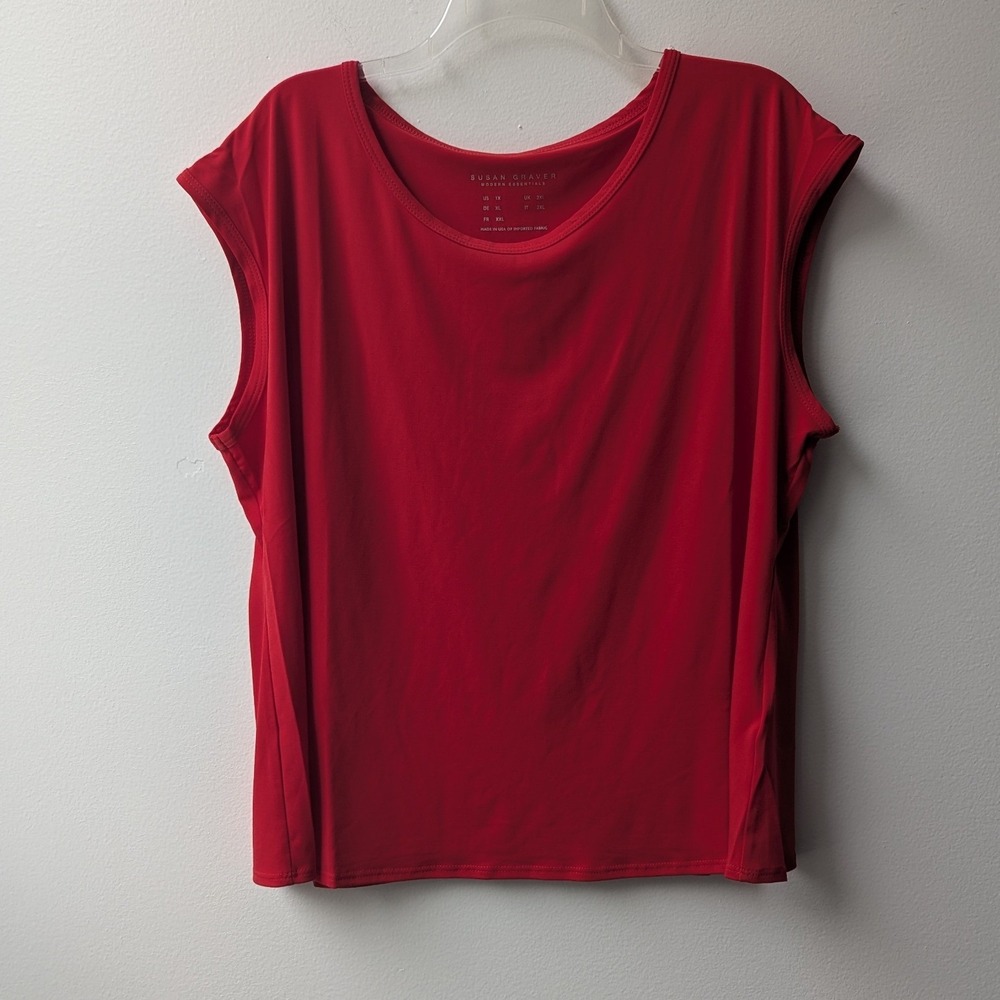Susan Graver Top Red Scoop Neck Cap Sleeve Modern Essentials 1X Minimalist Chic
